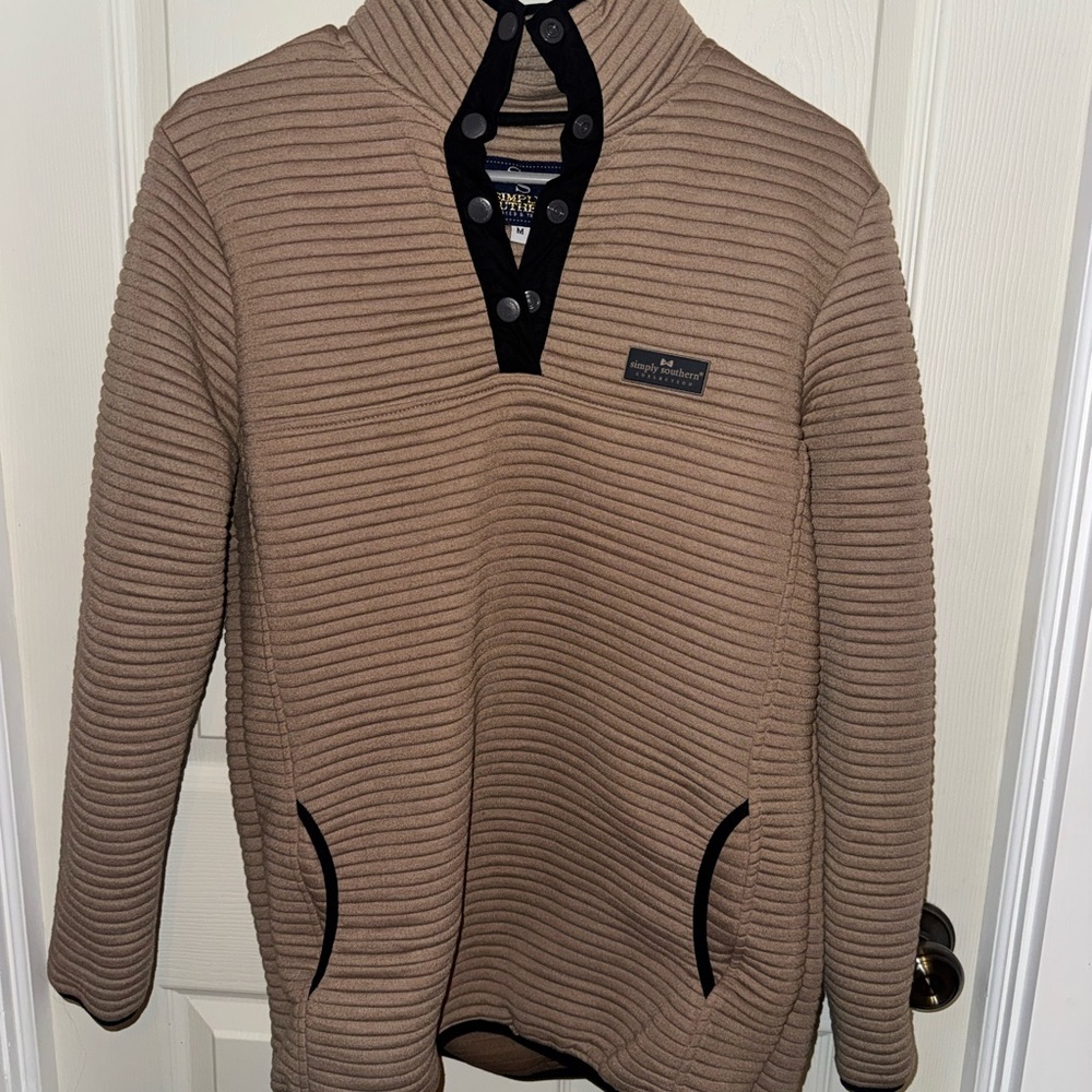 4/$20 Simply Southern Tan Ribbed Sweatshirt with Black Accents